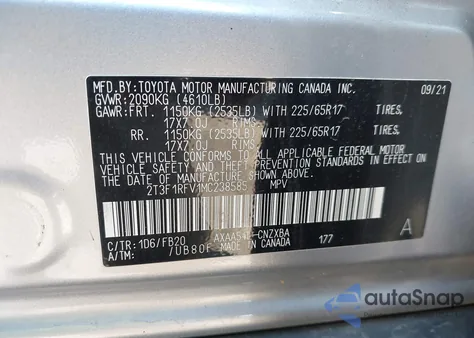 2021 Toyota Rav4 Le from USA, damaged, VIN 2T3F1RFV1MC238585